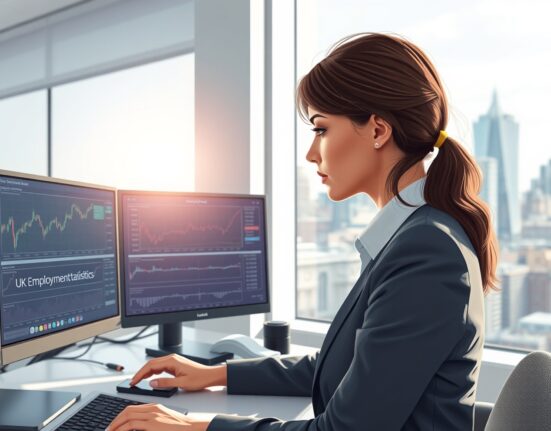 Financial analyst reviewing GBP/USD exchange rates and UK employment data affecting Bank of England policy