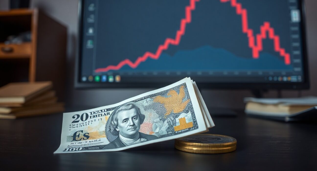 British pound and US dollar banknotes on desk with downward chart in background