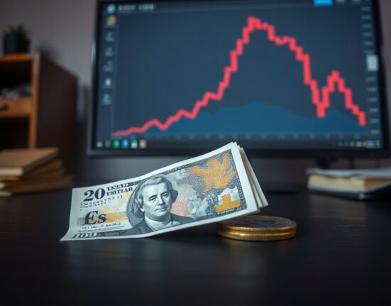 British pound and US dollar banknotes on desk with downward chart in background