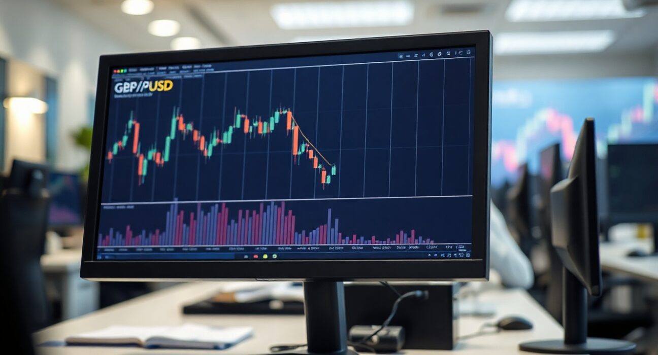 GBP/USD trading chart showing downward trend on a computer monitor in a professional trading environment