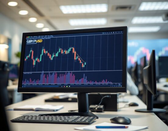 GBP/USD trading chart showing downward trend on a computer monitor in a professional trading environment