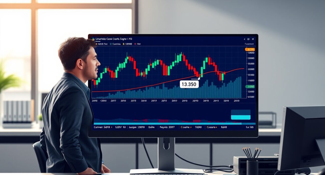 Forex trader analyzing GBP/USD technical charts with key 1.3350 resistance level highlighted.