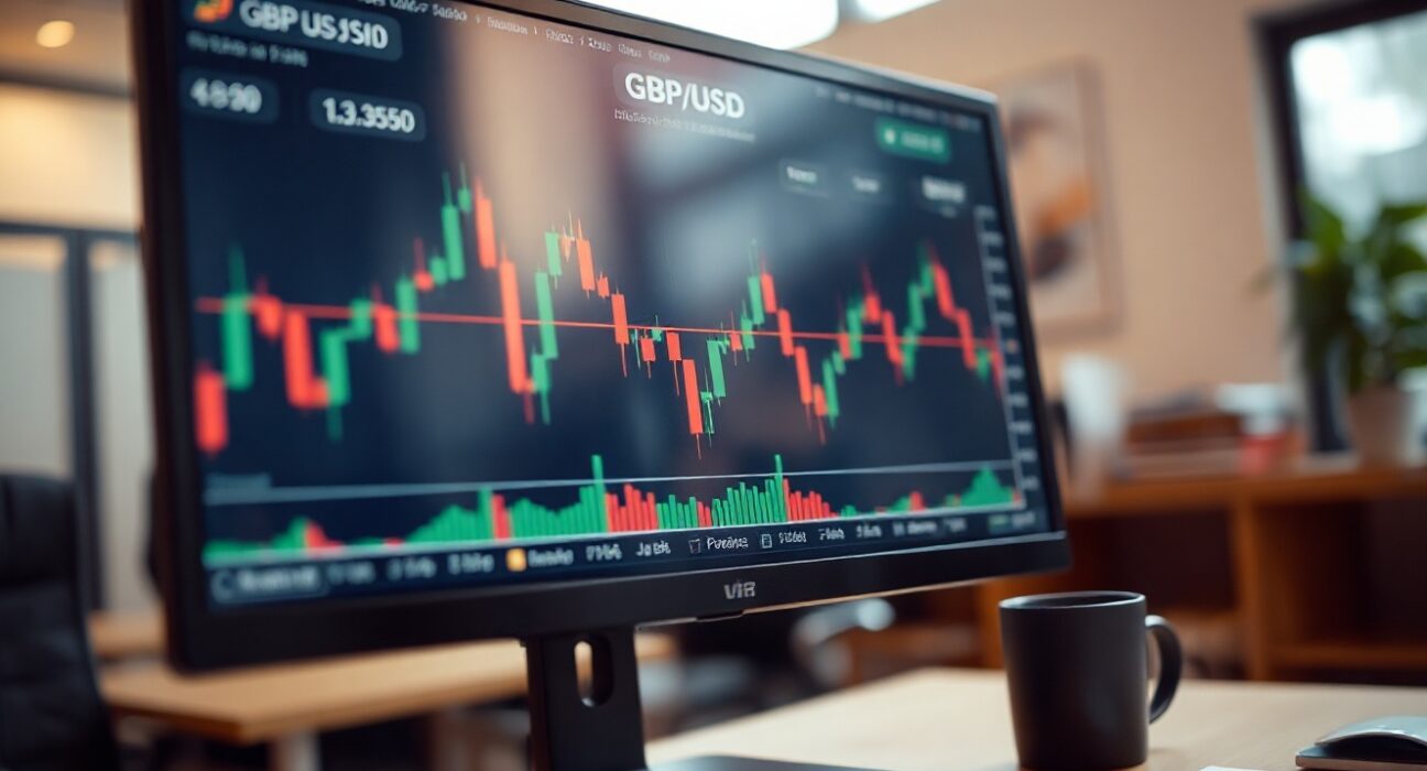 Close-up of a GBP/USD trading chart with resistance near 1.3555 on a screen in a trading office