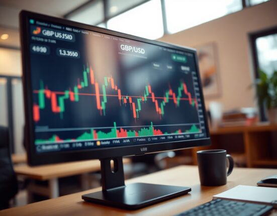 Close-up of a GBP/USD trading chart with resistance near 1.3555 on a screen in a trading office