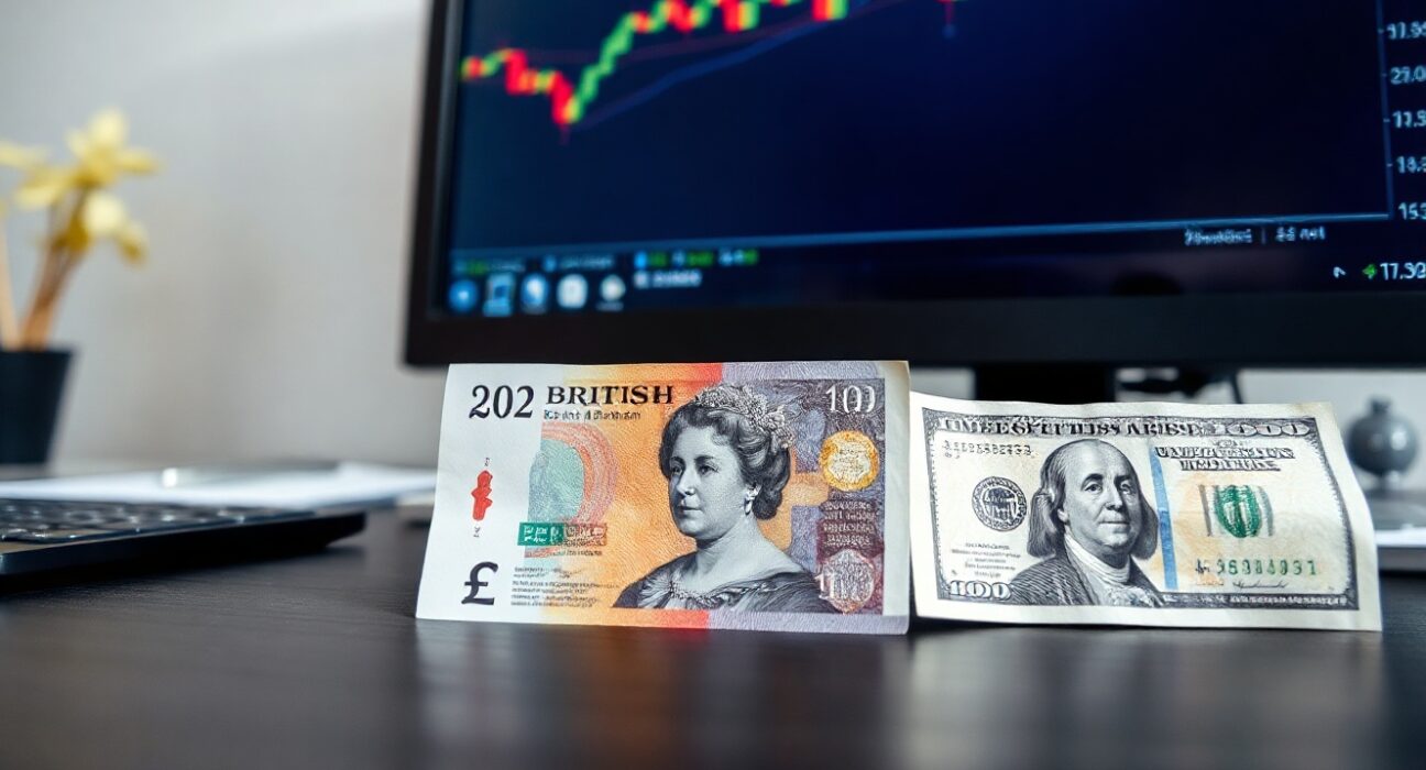 British pound and US dollar banknotes on a desk with a trading chart in the background