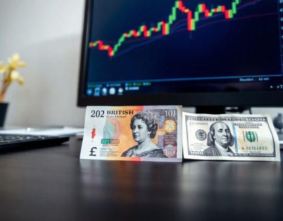 British pound and US dollar banknotes on a desk with a trading chart in the background