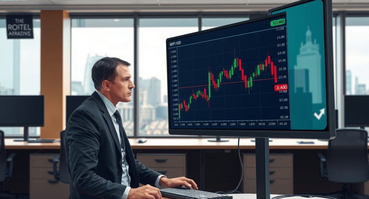 Financial analyst in London reviews GBP/USD chart highlighting the critical 1.3480 price level for forex traders.