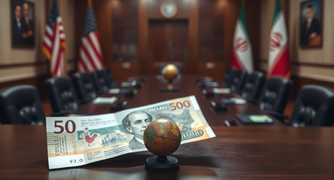 British Pound and US Dollar banknotes with globe and diplomatic setting representing US-Iran peace talks impact on GBP/USD