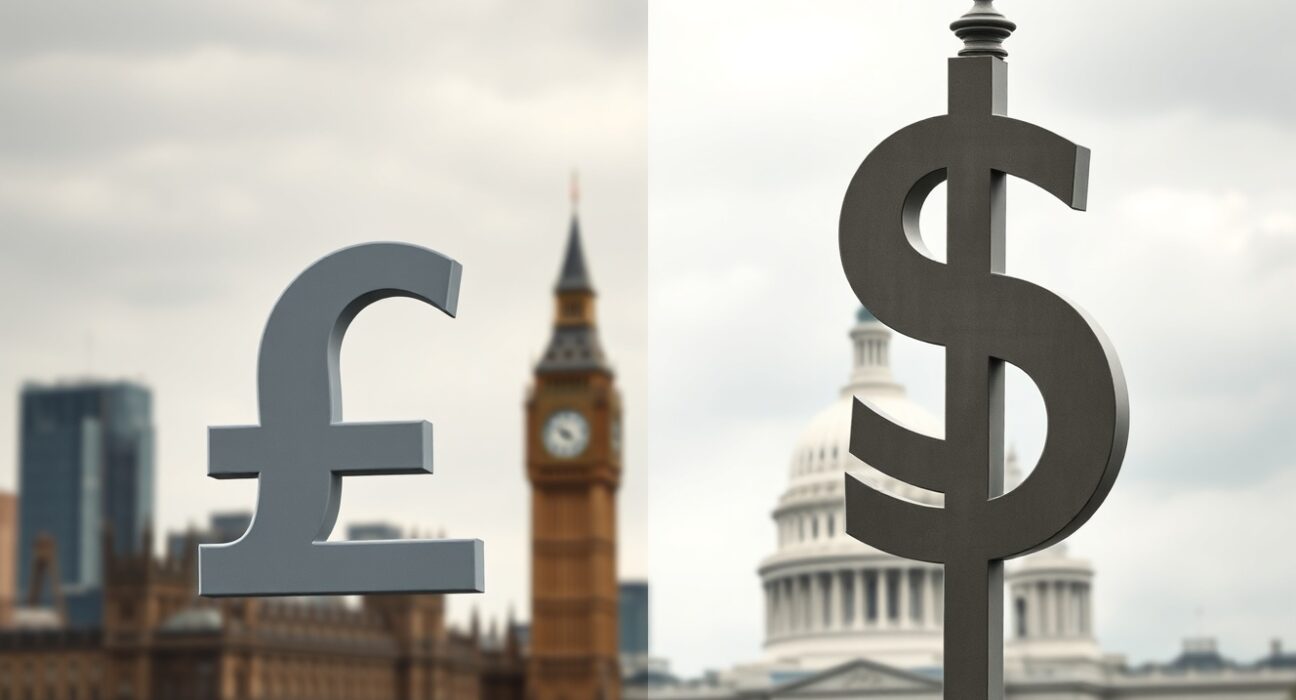 GBP/USD weakens as Fed and BoE caution and geopolitical tensions boost the US Dollar, shown in a split cityscape illustration.