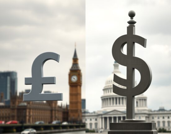 GBP/USD weakens as Fed and BoE caution and geopolitical tensions boost the US Dollar, shown in a split cityscape illustration.