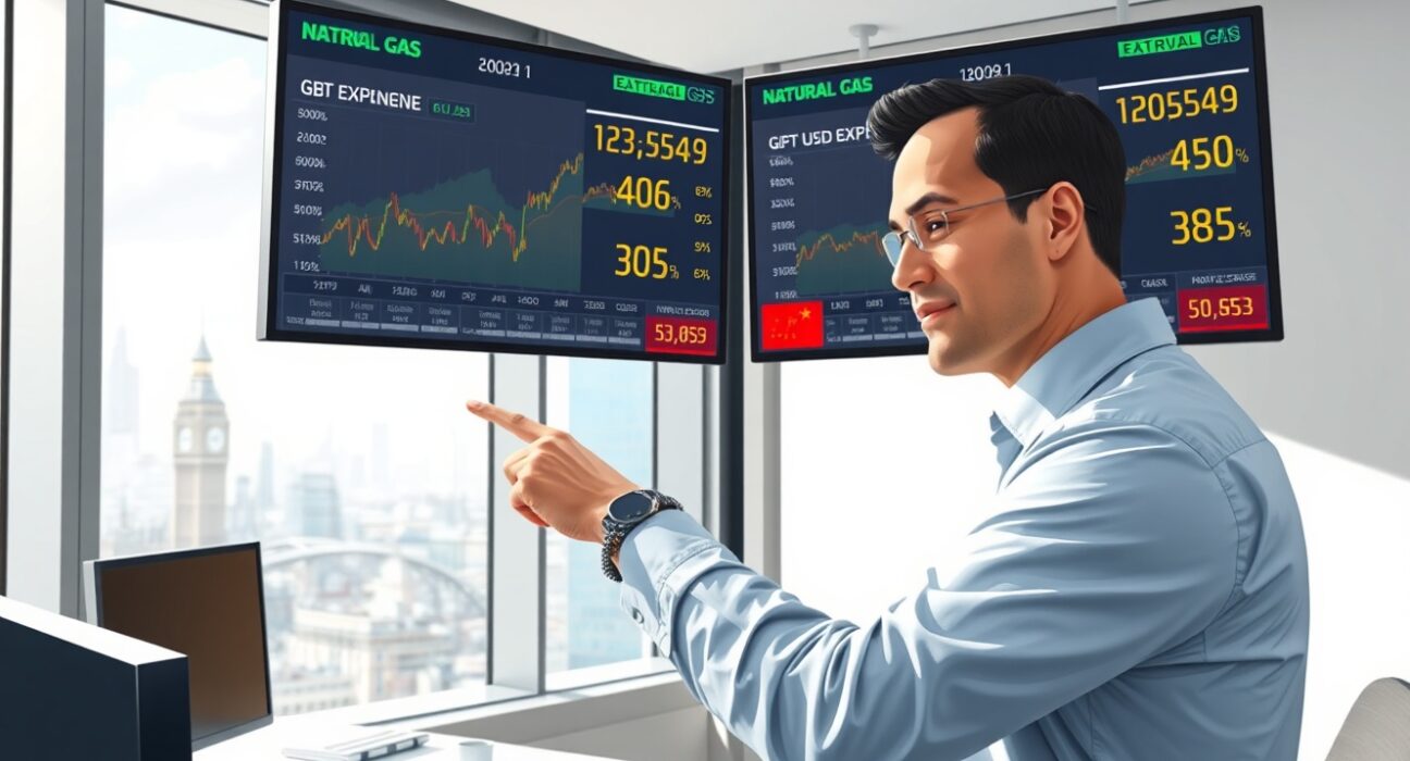 Financial analyst examining GBP currency data and energy price charts in London office for MUFG research
