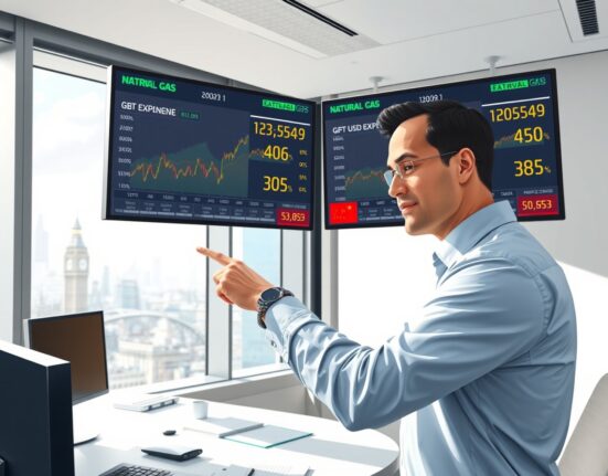 Financial analyst examining GBP currency data and energy price charts in London office for MUFG research