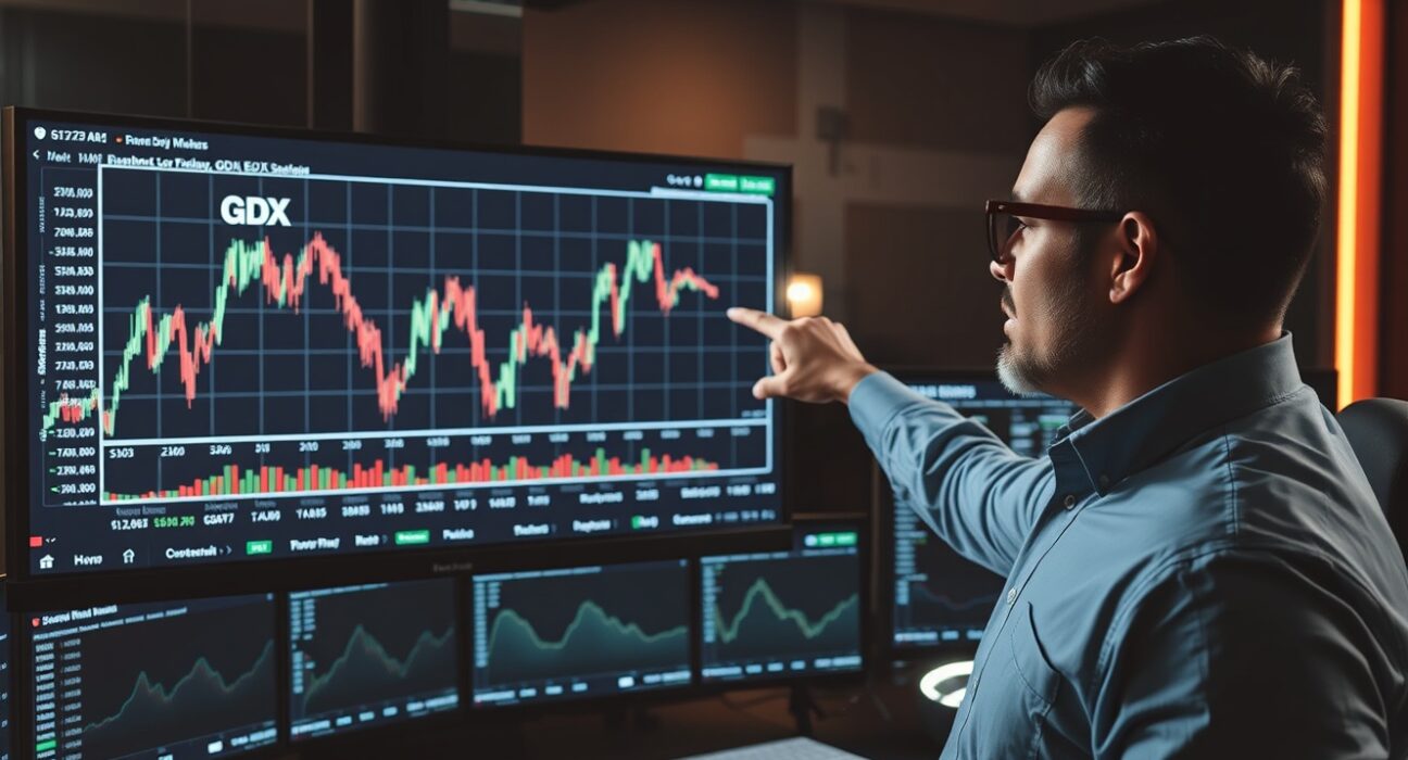 Financial analyst pointing at a GDX Elliott Wave chart showing a bearish sequence on a monitor.