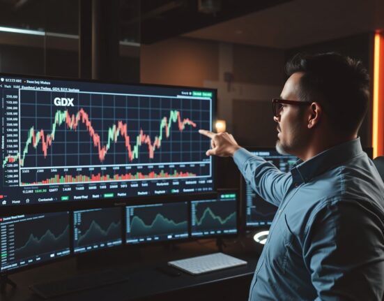 Financial analyst pointing at a GDX Elliott Wave chart showing a bearish sequence on a monitor.