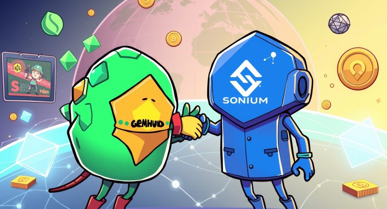 A cartoon showing the GemHUB and Sonium logos connecting, symbolizing their strategic GemHUB Sonium partnership in Web3 gaming.