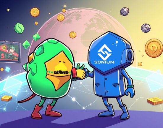 A cartoon showing the GemHUB and Sonium logos connecting, symbolizing their strategic GemHUB Sonium partnership in Web3 gaming.