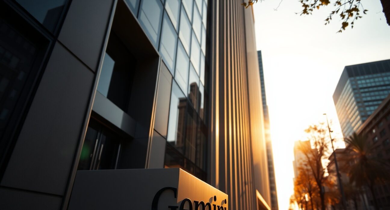Exterior of a modern financial building with a Gemini sign, representing the cryptocurrency exchange's headquarters.
