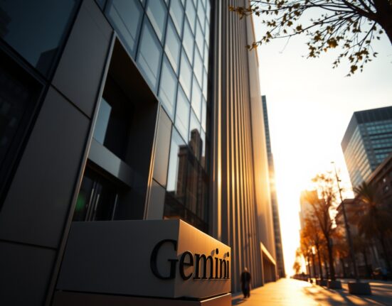 Exterior of a modern financial building with a Gemini sign, representing the cryptocurrency exchange's headquarters.