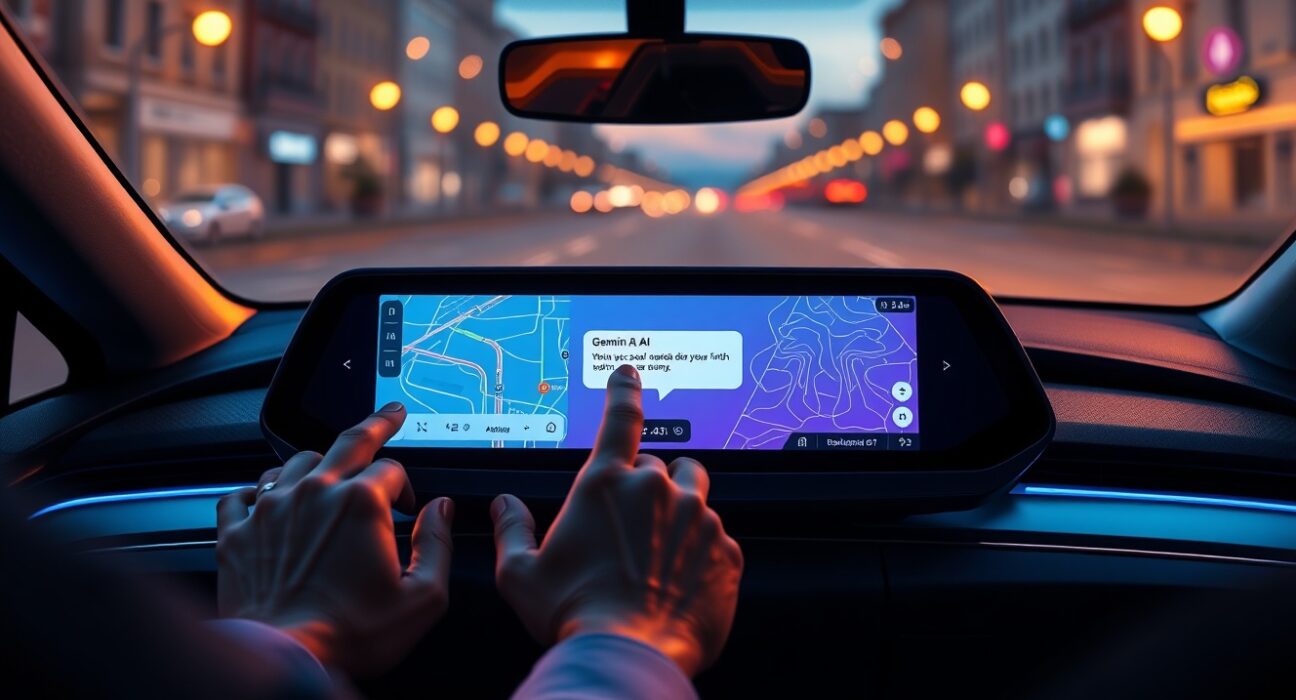 Gemini AI assistant displayed on a car dashboard screen, showing a route and restaurant suggestion.