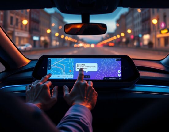 Gemini AI assistant displayed on a car dashboard screen, showing a route and restaurant suggestion.