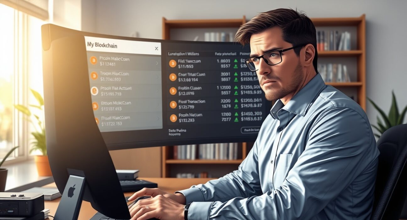Financial analyst examining Gemini Bitcoin loan transaction data on blockchain monitor