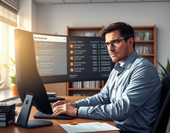 Financial analyst examining Gemini Bitcoin loan transaction data on blockchain monitor