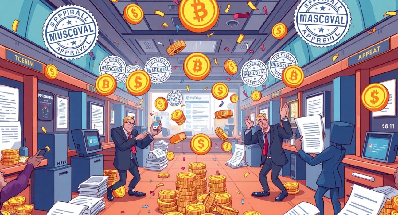 Gemini CFTC license approval depicted as a vibrant cartoon of regulatory success in cryptocurrency.
