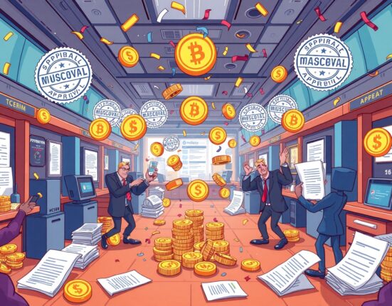 Gemini CFTC license approval depicted as a vibrant cartoon of regulatory success in cryptocurrency.