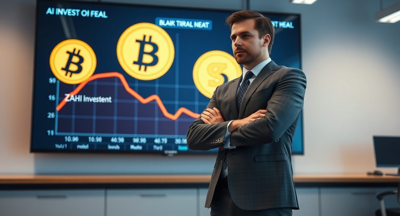 Cameron Winklevoss standing in an office with a screen showing Bitcoin and Zcash logos and a declining AI investment graph.