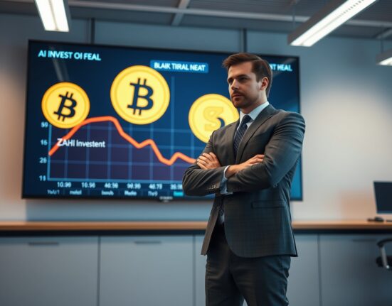 Cameron Winklevoss standing in an office with a screen showing Bitcoin and Zcash logos and a declining AI investment graph.