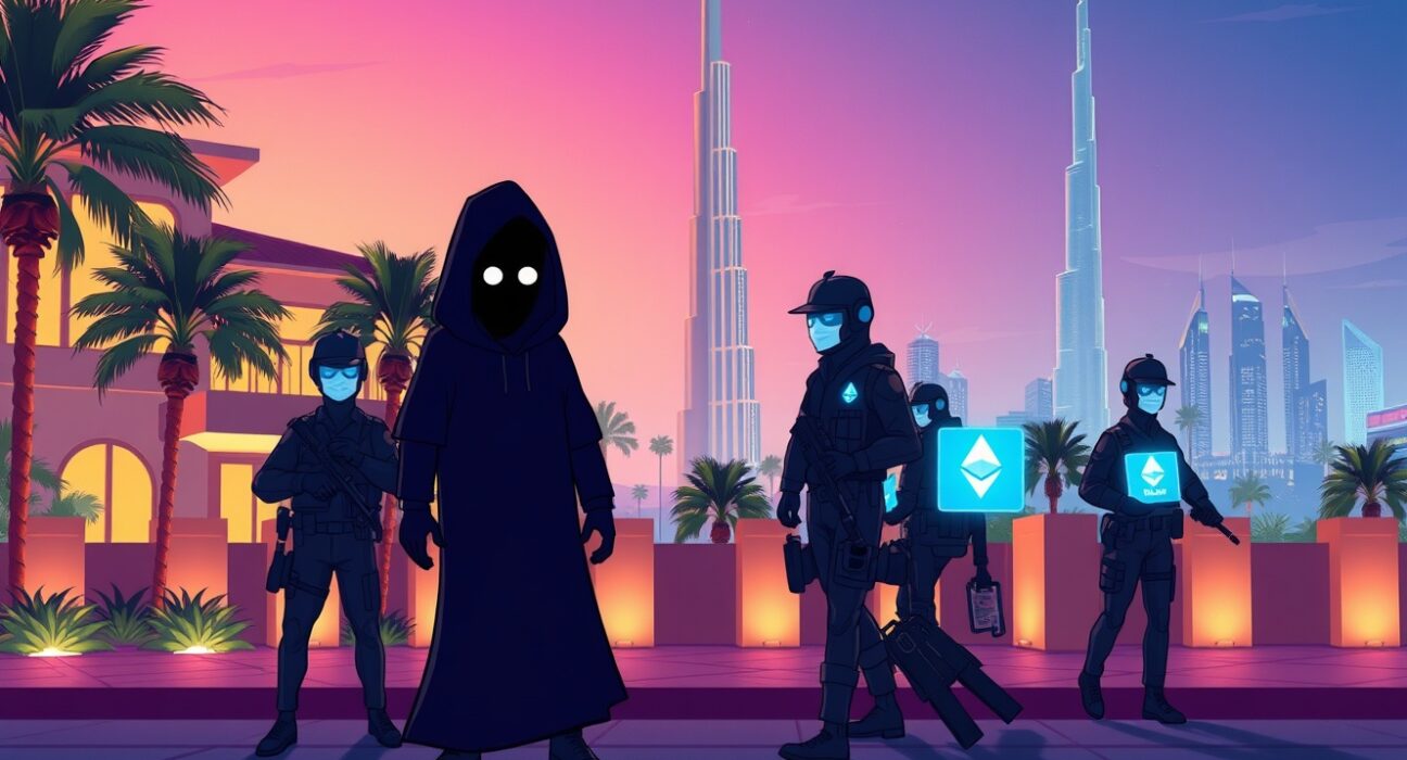 Cartoon of the Gemini creditors hacker being captured by authorities in a vibrant Dubai setting.