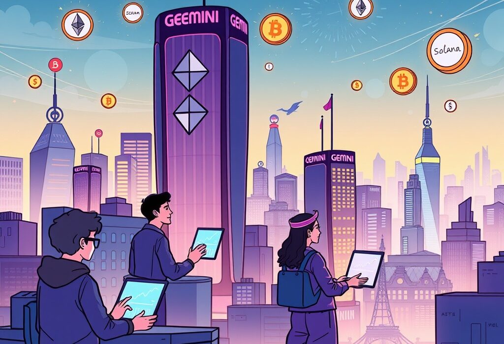 Cartoon illustration showing Gemini Europe Crypto users engaging with new staking and perpetual futures services.