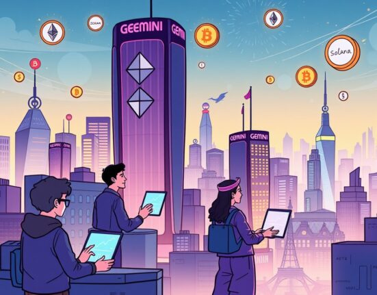 Cartoon illustration showing Gemini Europe Crypto users engaging with new staking and perpetual futures services.