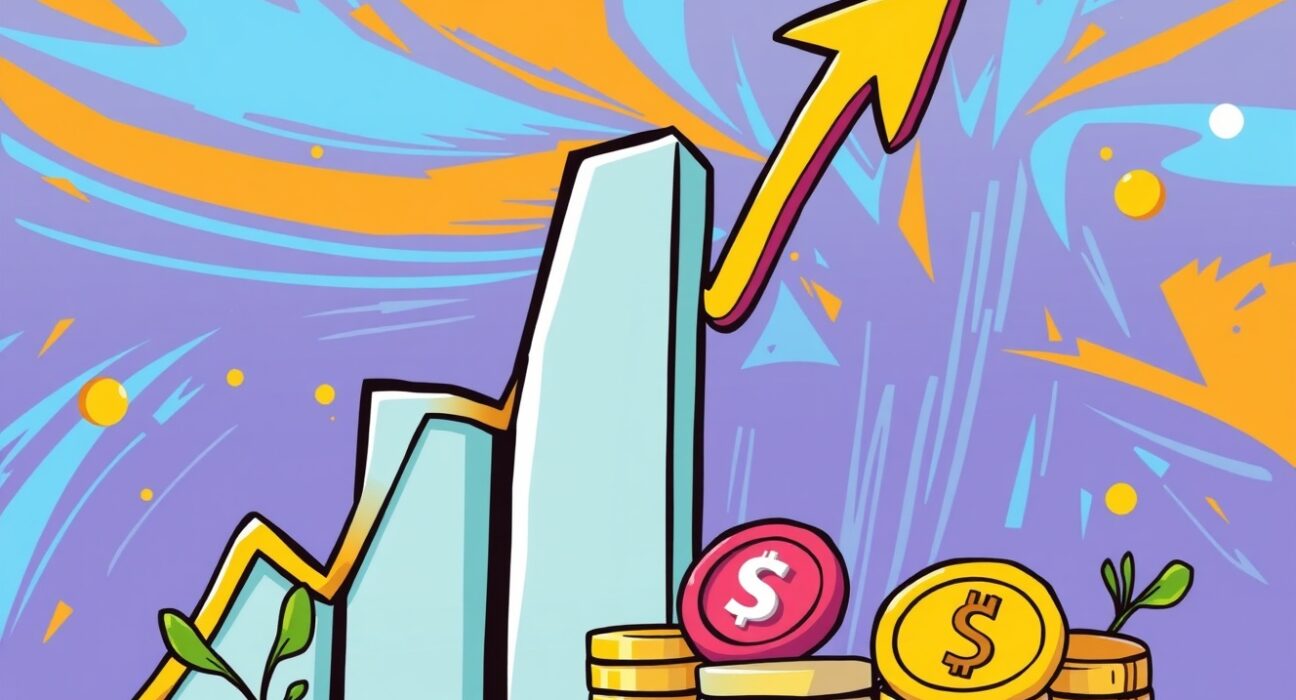 A cartoon illustration showing a soaring financial graph, symbolizing the increased fundraising target for the Gemini IPO and market growth.