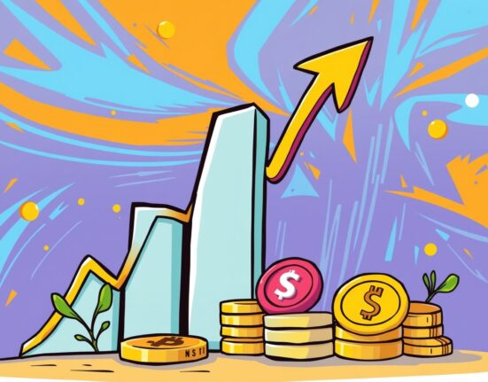 A cartoon illustration showing a soaring financial graph, symbolizing the increased fundraising target for the Gemini IPO and market growth.