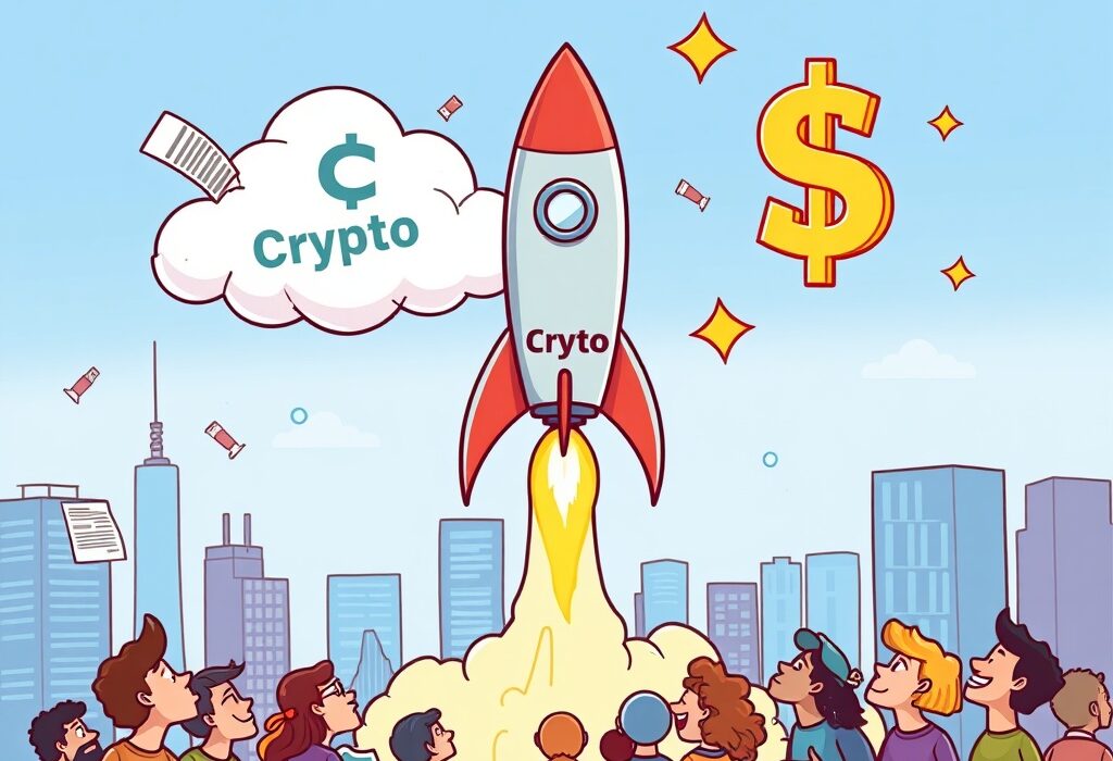 Cartoon illustration of a 'Crypto' rocket launching, symbolizing Gemini IPO's monumental step into public markets.