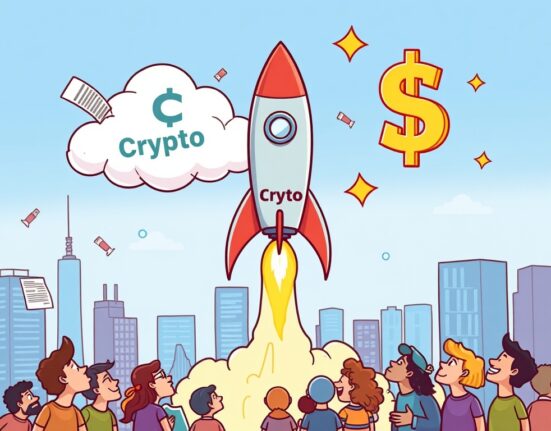 Cartoon illustration of a 'Crypto' rocket launching, symbolizing Gemini IPO's monumental step into public markets.