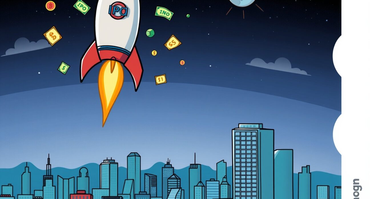 A cartoon rocket labeled 'IPO' blasting off, symbolizing Gemini's successful $425M Gemini IPO and its impact on the crypto market.