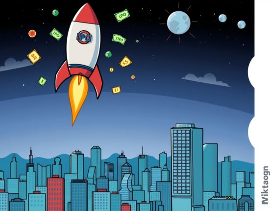 A cartoon rocket labeled 'IPO' blasting off, symbolizing Gemini's successful $425M Gemini IPO and its impact on the crypto market.