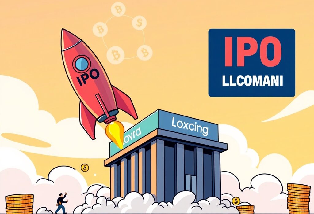 A vibrant cartoon illustration showing a Gemini IPO rocket launching, symbolizing a major step for the crypto exchange and its significant Ripple RLUSD loan.