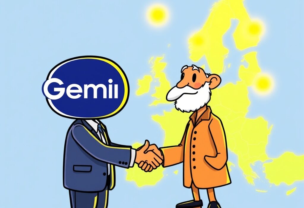 A cartoon illustration showing Gemini securing its Gemini MiCA license for significant European expansion.