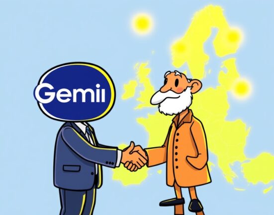 A cartoon illustration showing Gemini securing its Gemini MiCA license for significant European expansion.