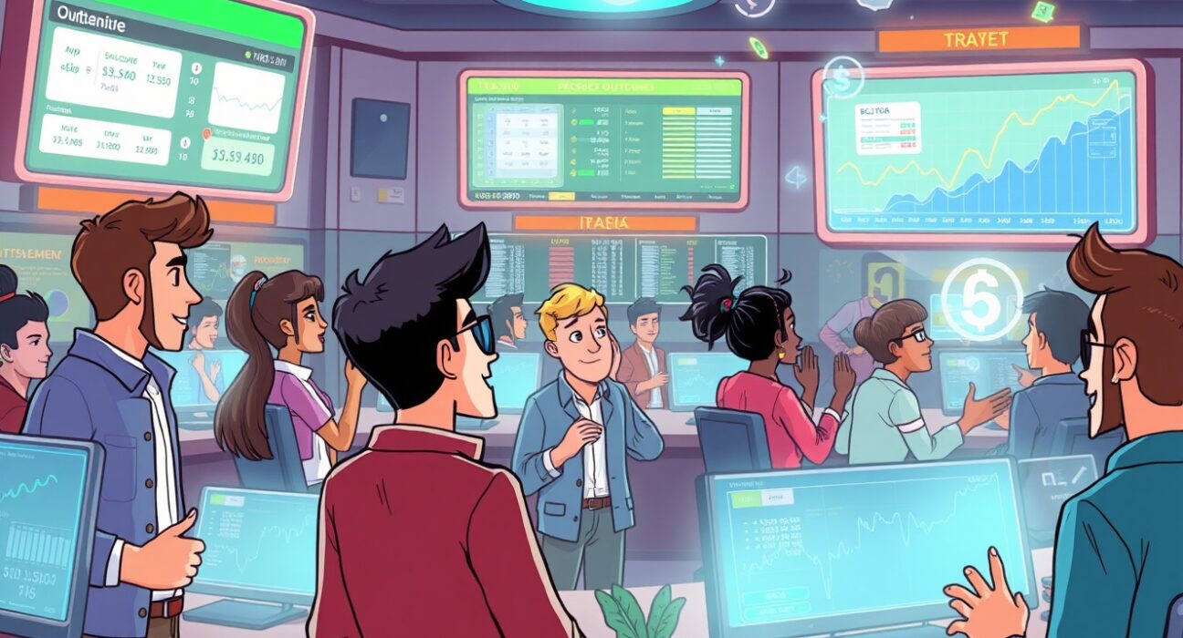 A cartoon illustration showing excited traders interacting with a futuristic platform, symbolizing the launch of the Gemini prediction market.