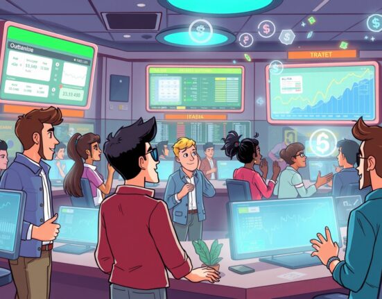 A cartoon illustration showing excited traders interacting with a futuristic platform, symbolizing the launch of the Gemini prediction market.
