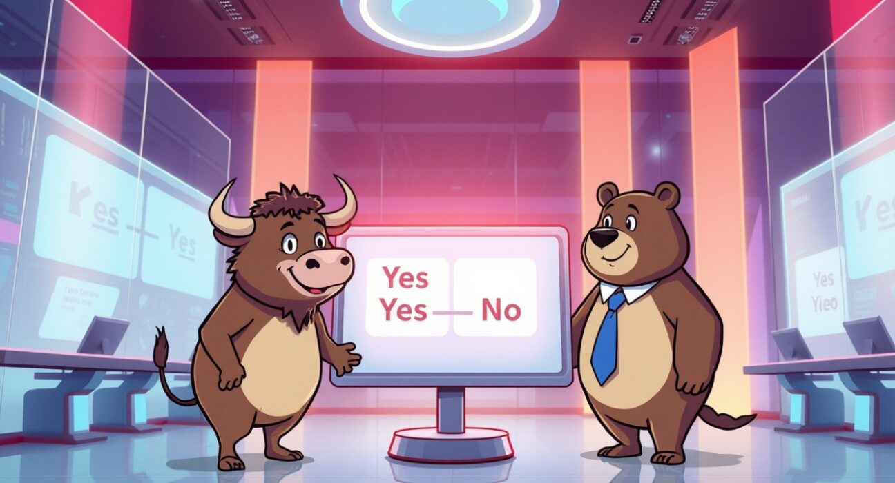 A vibrant cartoon of the Gemini prediction market platform facilitating transparent, real-time trading on future events.