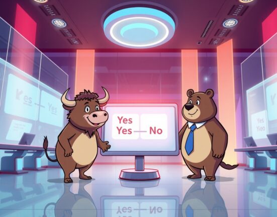 A vibrant cartoon of the Gemini prediction market platform facilitating transparent, real-time trading on future events.
