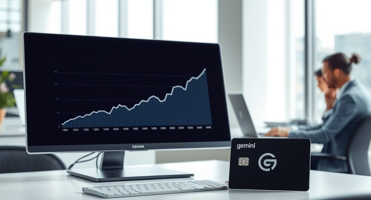 Gemini cryptocurrency exchange office with revenue growth chart and credit card on desk