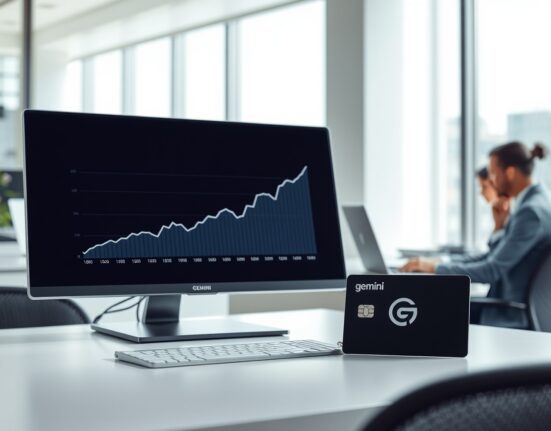 Gemini cryptocurrency exchange office with revenue growth chart and credit card on desk