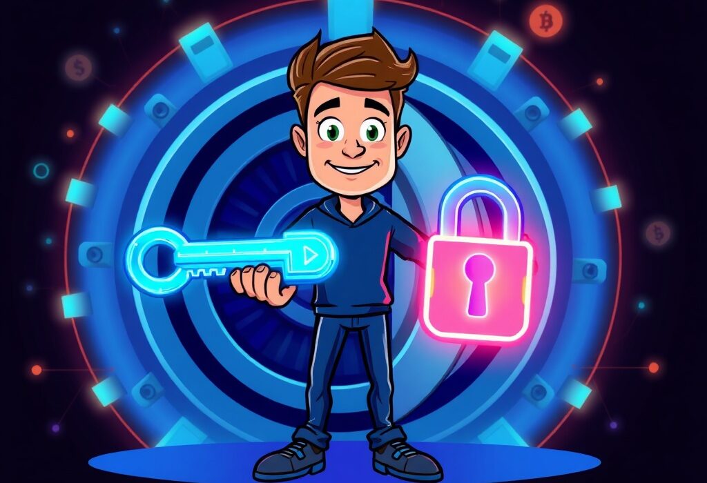 A cartoon illustration showing a person securely holding a glowing key, symbolizing control over their digital assets with the new Gemini smart wallet.