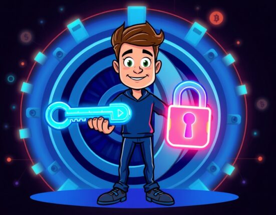 A cartoon illustration showing a person securely holding a glowing key, symbolizing control over their digital assets with the new Gemini smart wallet.